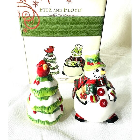 Fitz and Floyd Holly Hat Snowman Christmas Tree Salt & Pepper Shakers Red Bird - Picture 1 of 11